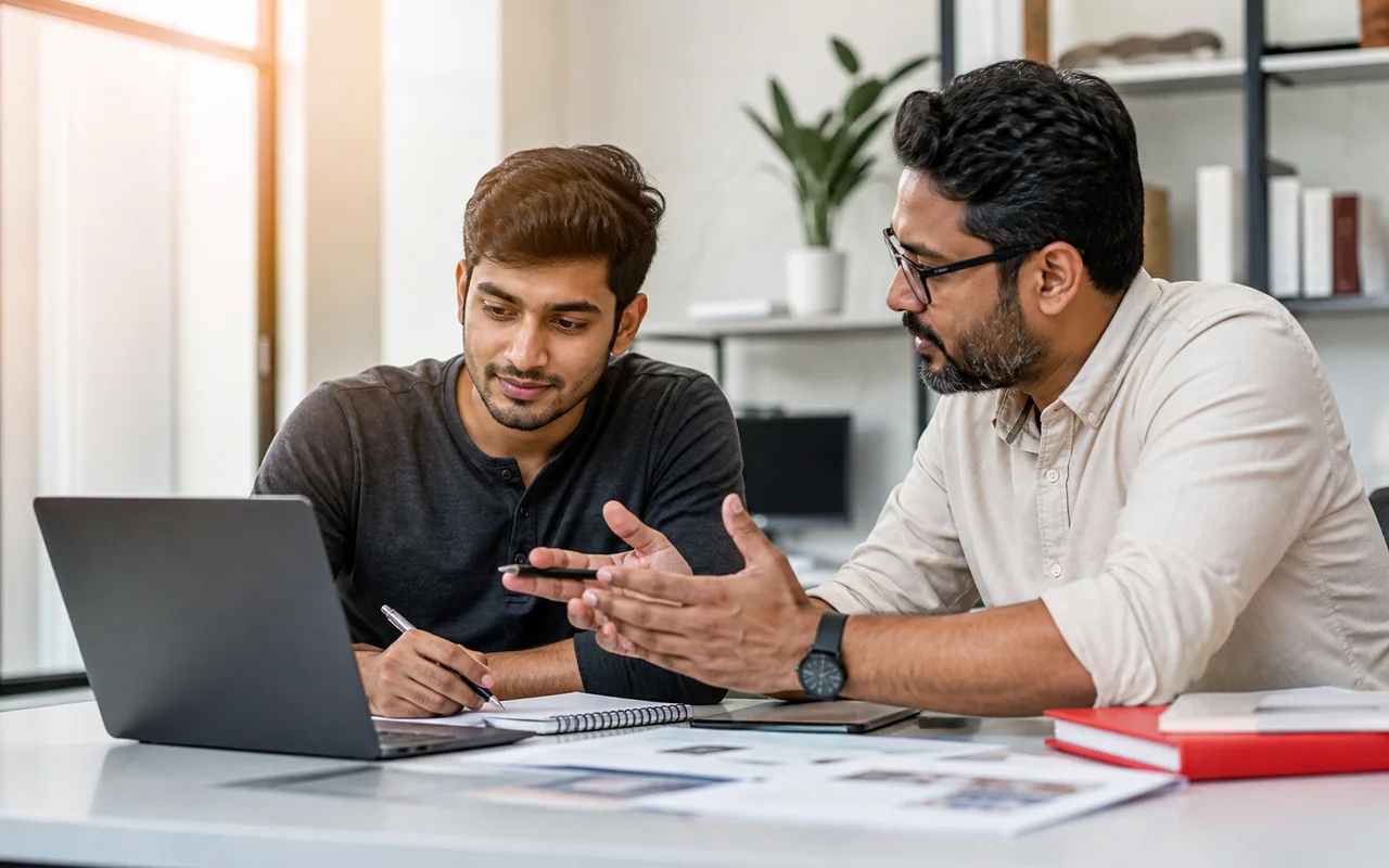 Learner reviewing a portfolio and career plan with a mentor