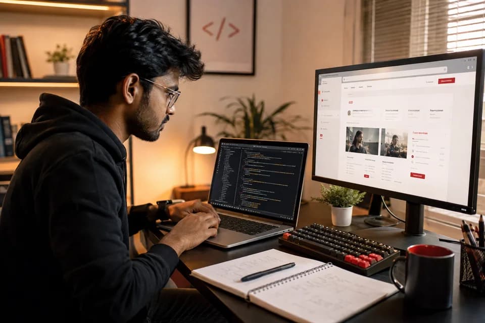 A developer connecting a Python backend to a React interface