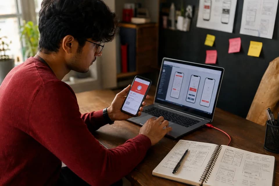A learner testing a mobile application on a smartphone
